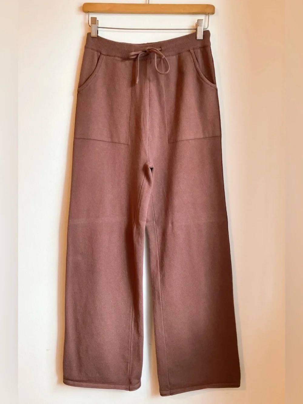 Amazon High-Rise Wide-Leg Drawstring Knit Lounge Pants Coffee Brown NWOT Small - Picture 2 of 10